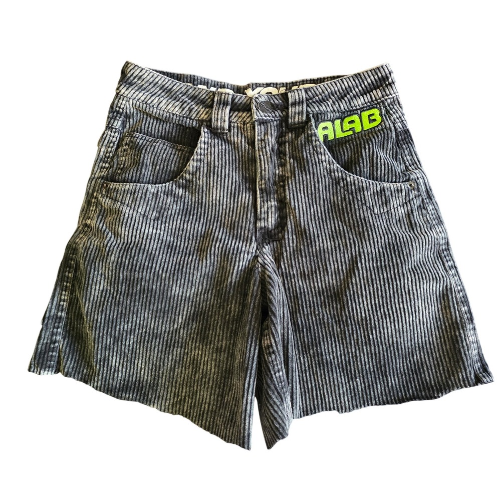 A-Lab Mens 28 Corduroy Cut-Off Shorts Faded Black Acid Wash Alien Patch Skate
